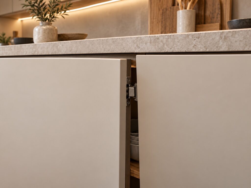 Bisagra en cocina minimalista calida