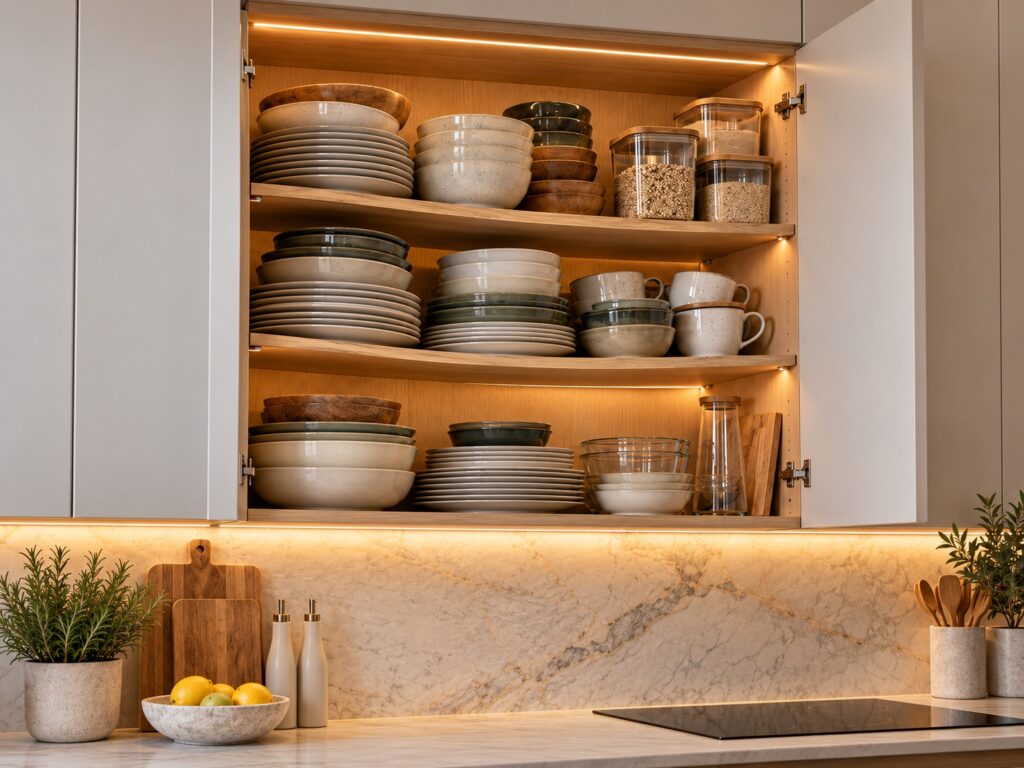 Cocina moderna con vajilla iluminada